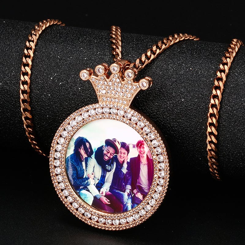 Hip Hop Crown Charms Locket Necklace Pendant Iced Out Crystal Picture Pendant With Cuban Chain