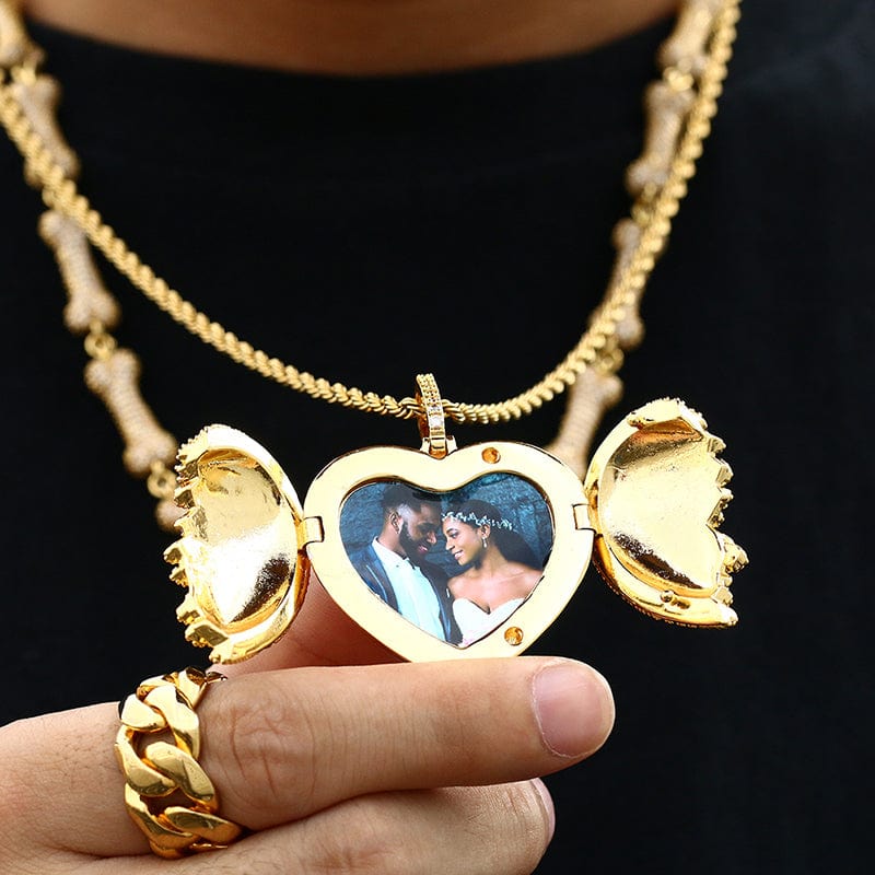 Hip Hop Jewelry 18K Gold Plated Heart Pendant Necklace Custom Photo Broken Heart Pendant With Chain