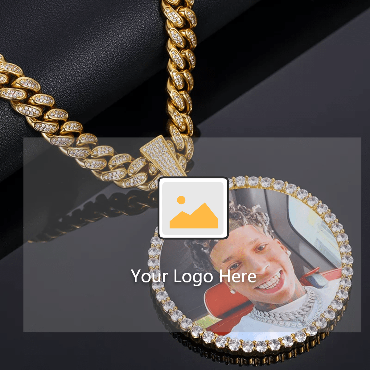 Hip Hop Jewelry Set 68mm  Sublimation Blanks Custom Photo Pendant With 12mm Iced Out Cuban Link Chain