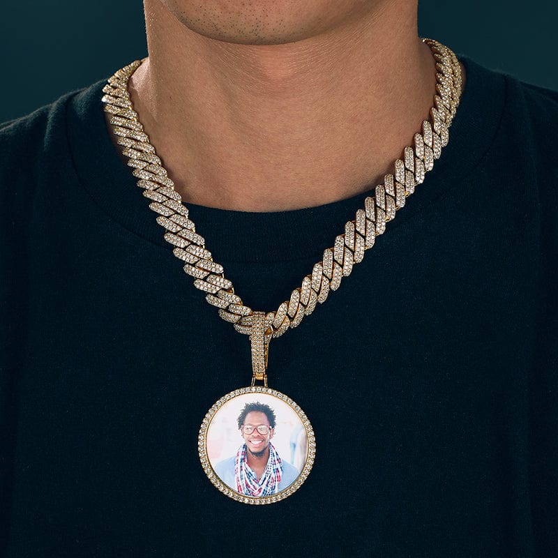 Hip Hop Jewelry Sets Bling - 18K Gold Plated Custom Photo Pendant With 12mm Iced Out Cuban Link Chain