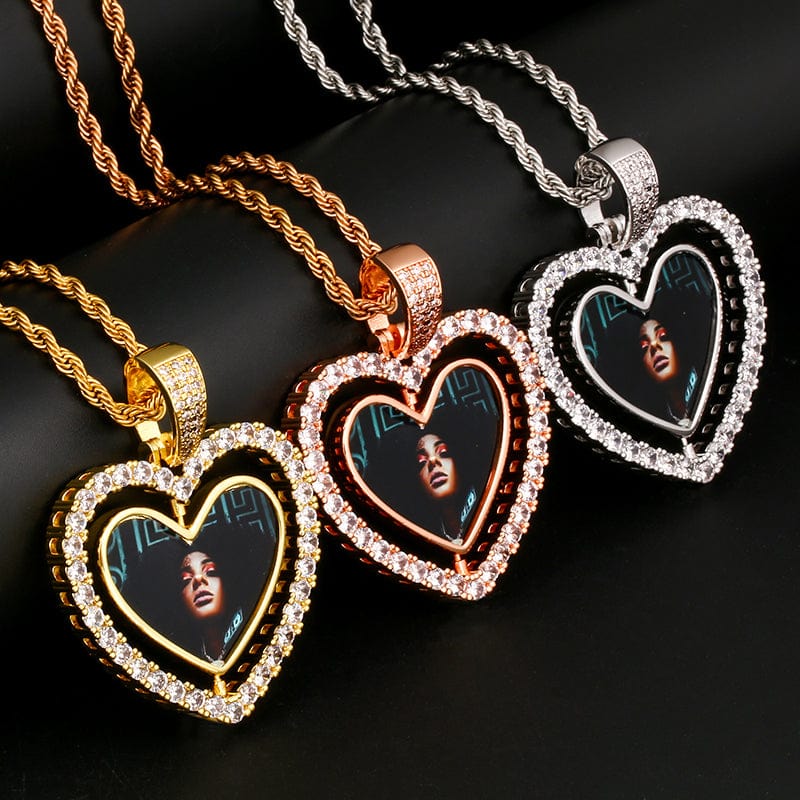 Hip Hop Rotating Heart Locket Charms Pendant Custom Minimalist Sublimation Blanks Crystal Picture Frame Pendant