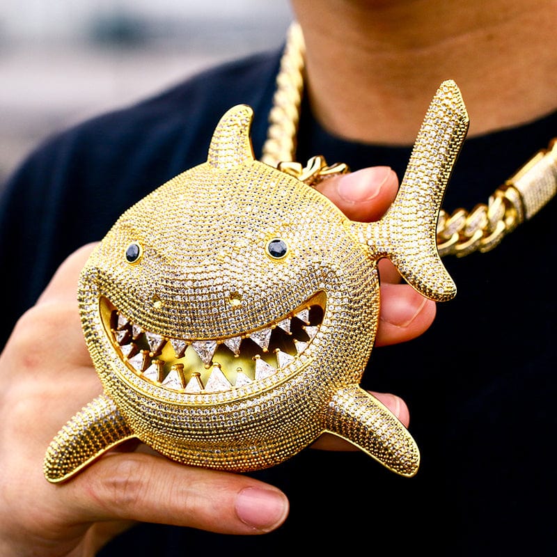 Hop Hop Jewelry Custom Iced Out 18K Gold Plated Full Paved CZ Diamond Shark Pendant Necklace