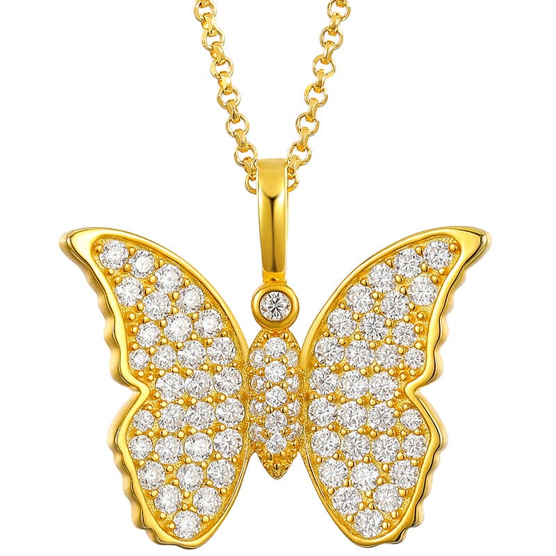 Iced Out 925 Sterling Silver  - VVS Moissanite Butterfly Charm Pendant Necklace