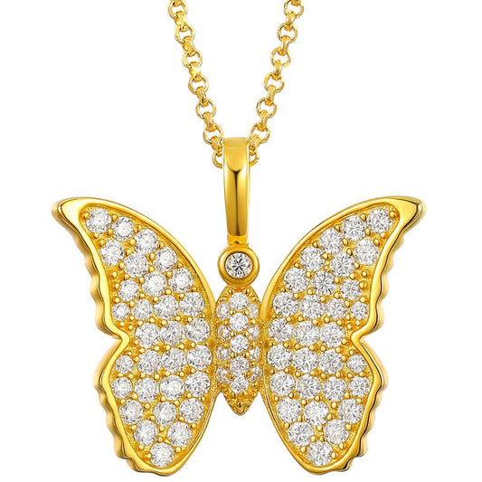 Iced Out 925 Sterling Silver  - VVS Moissanite Butterfly Charm Pendant Necklace