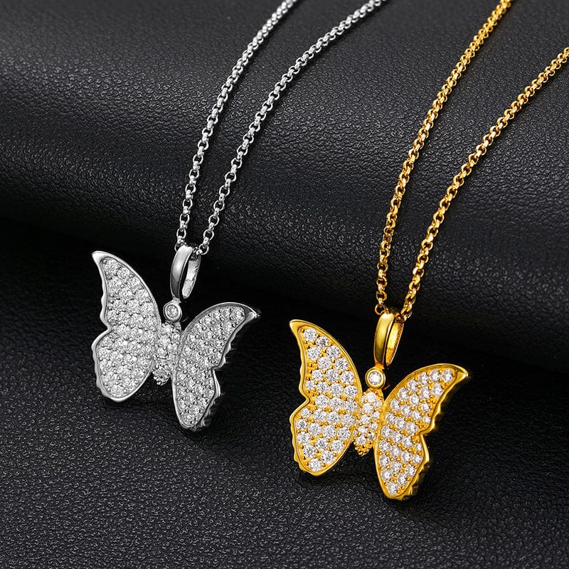 Iced Out 925 Sterling Silver  - VVS Moissanite Butterfly Charm Pendant Necklace