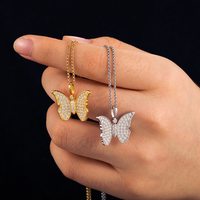 Iced Out 925 Sterling Silver  - VVS Moissanite Butterfly Charm Pendant Necklace