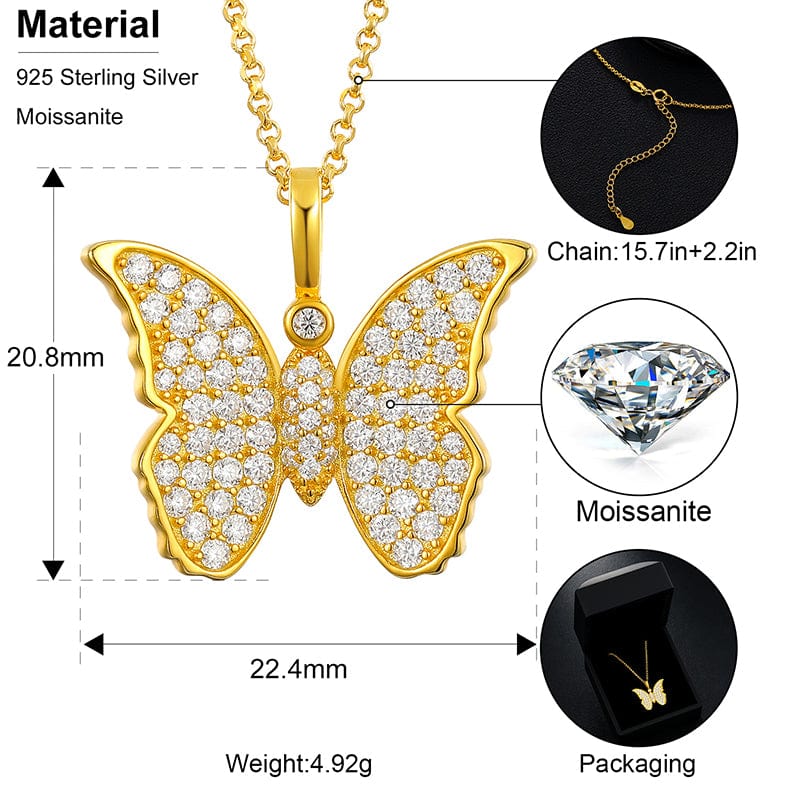 Iced Out 925 Sterling Silver  - VVS Moissanite Butterfly Charm Pendant Necklace
