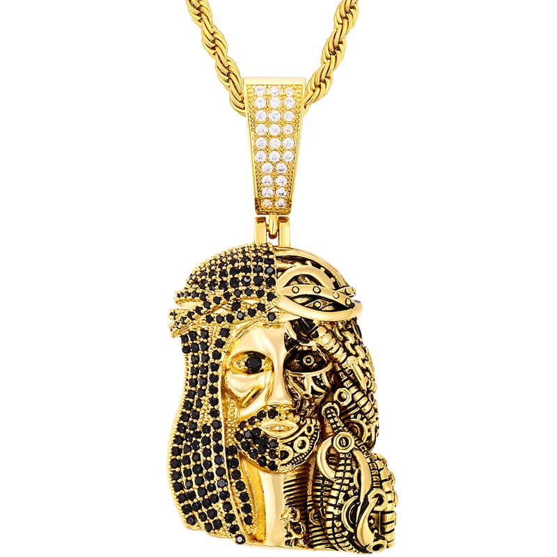 Iced Out Gold Plated Brass Half-paved Black Diamond Jesus Charm Pendant Necklace