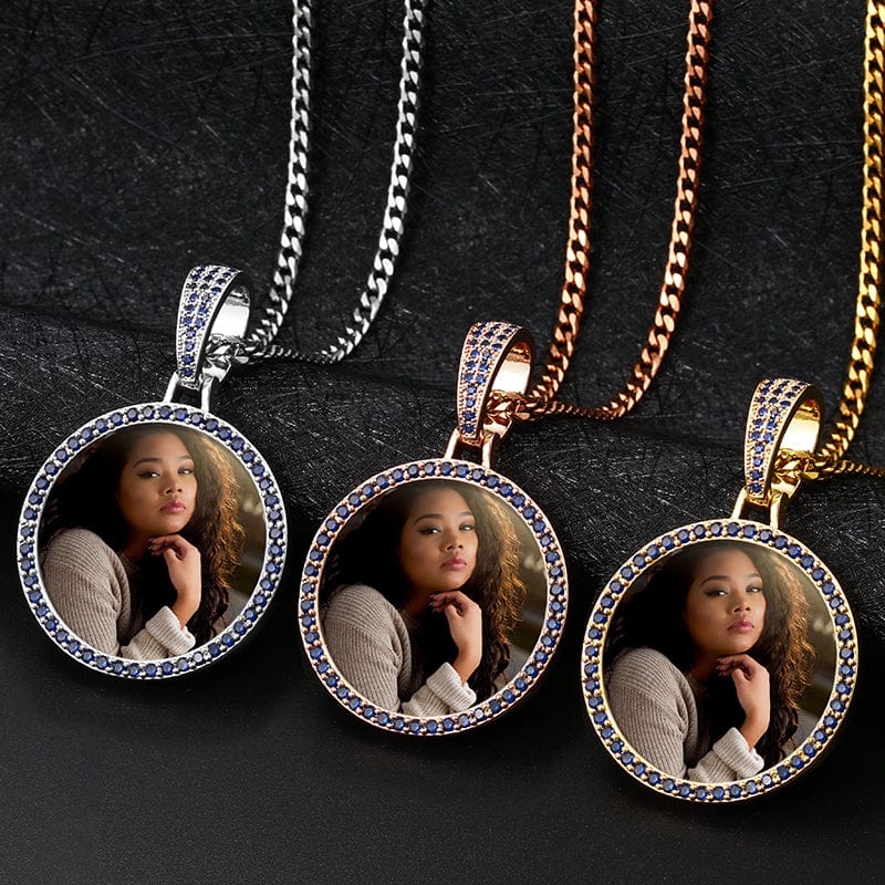 Iced Out Gold Plated Colorful Zircon Sublimation Blanks Pendant Necklace Custom Memorial Photo Frame Pendant