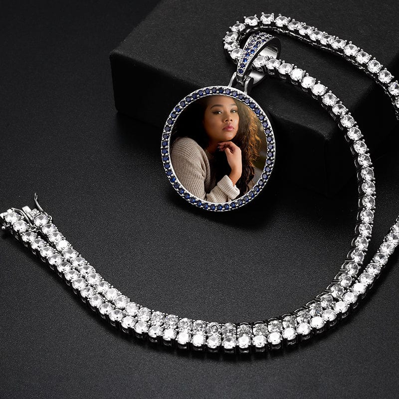 Iced Out Gold Plated Colorful Zircon Sublimation Blanks Pendant Necklace Custom Memorial Photo Frame Pendant
