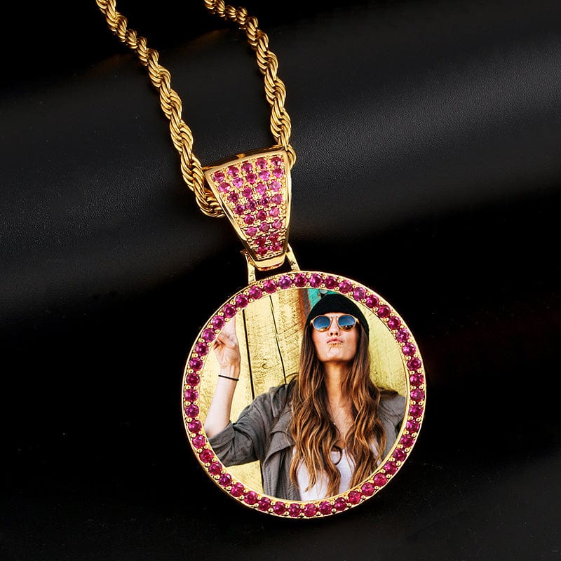 Iced Out Gold Plated Colorful Zircon Sublimation Blanks Pendant Necklace Custom Memorial Photo Frame Pendant