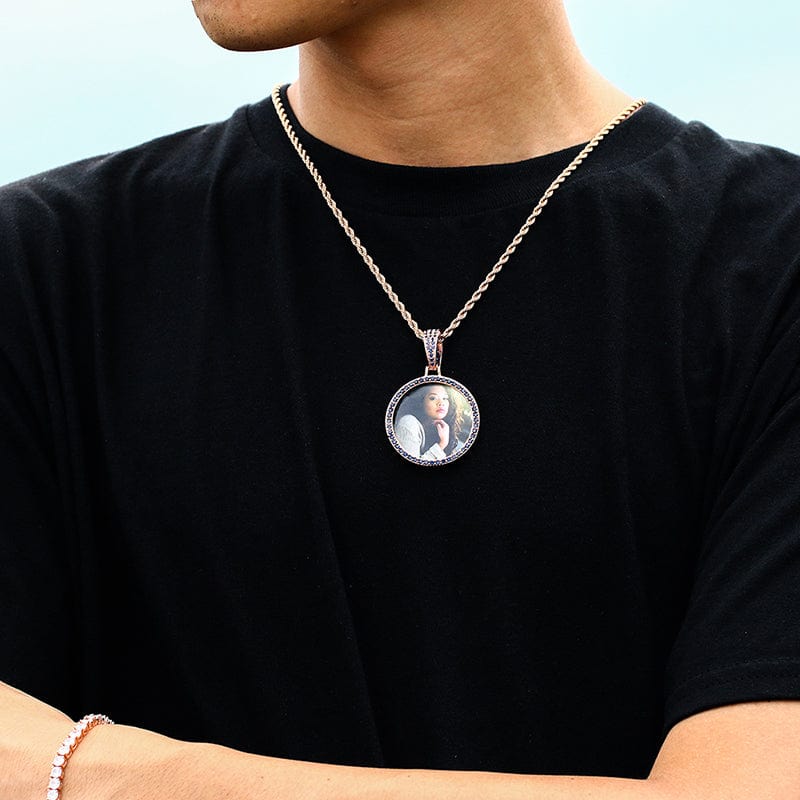 Iced Out Gold Plated Colorful Zircon Sublimation Blanks Pendant Necklace Custom Memorial Photo Frame Pendant