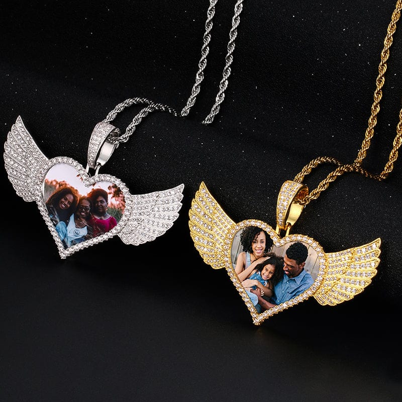 Iced Out Jewelry Gold Plated AAAAA Cubic Zirconia Heart Wing Custom Sublimation Photo Pendant