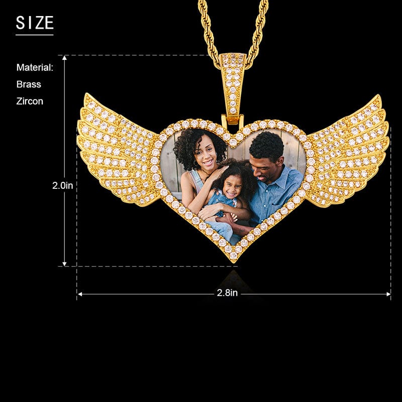 Iced Out Jewelry Gold Plated AAAAA Cubic Zirconia Heart Wing Custom Sublimation Photo Pendant