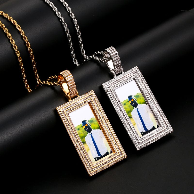 Large Size Silver Gold Diamond Charms Mens Necklace Custom  Rectangle Shape Photo Frame Pendant