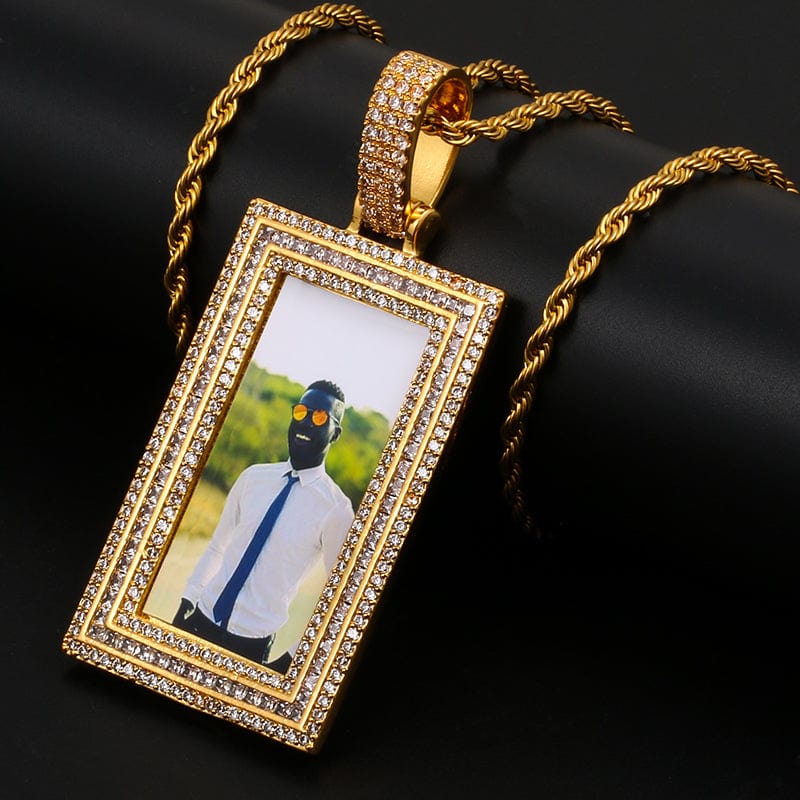 Large Size Silver Gold Diamond Charms Mens Necklace Custom  Rectangle Shape Photo Frame Pendant
