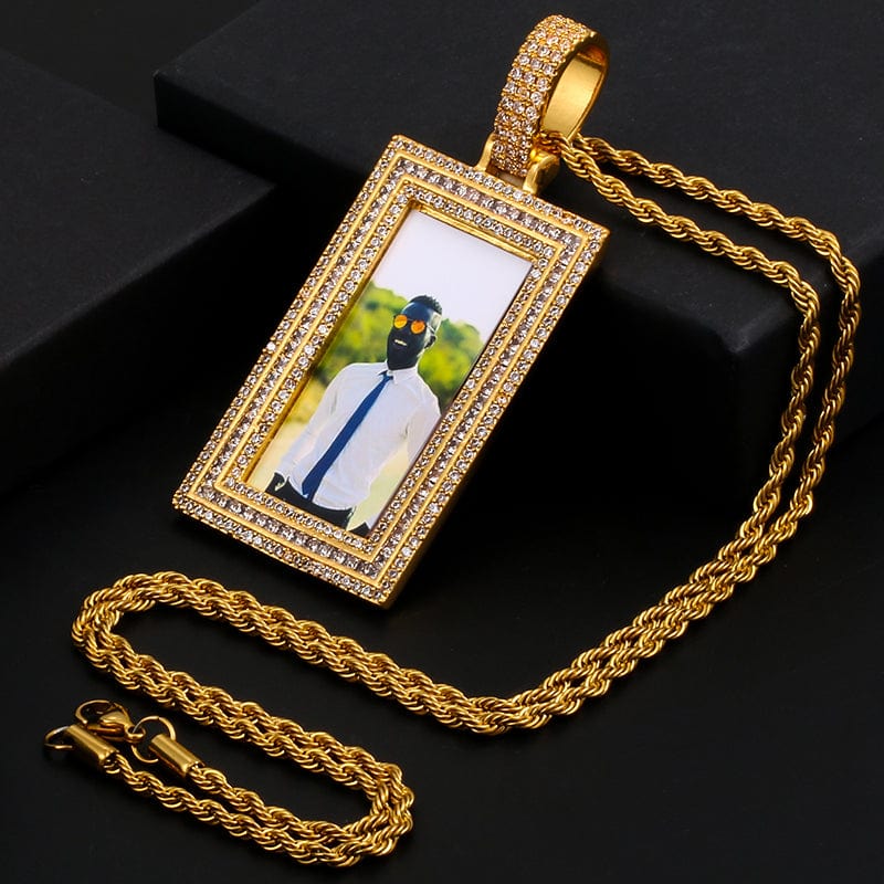 Large Size Silver Gold Diamond Charms Mens Necklace Custom  Rectangle Shape Photo Frame Pendant