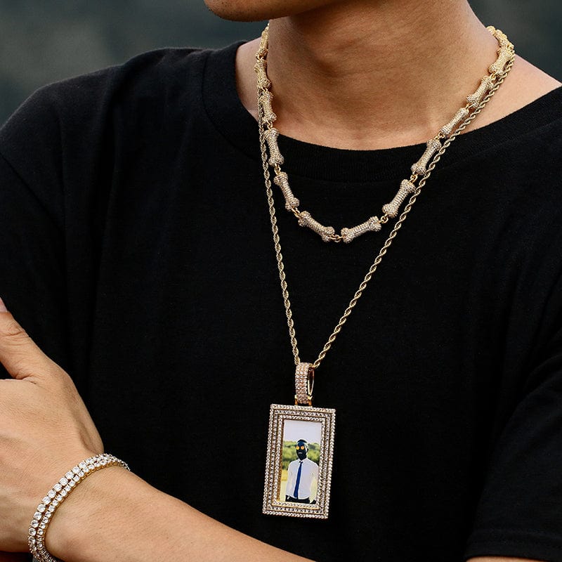 Large Size Silver Gold Diamond Charms Mens Necklace Custom  Rectangle Shape Photo Frame Pendant