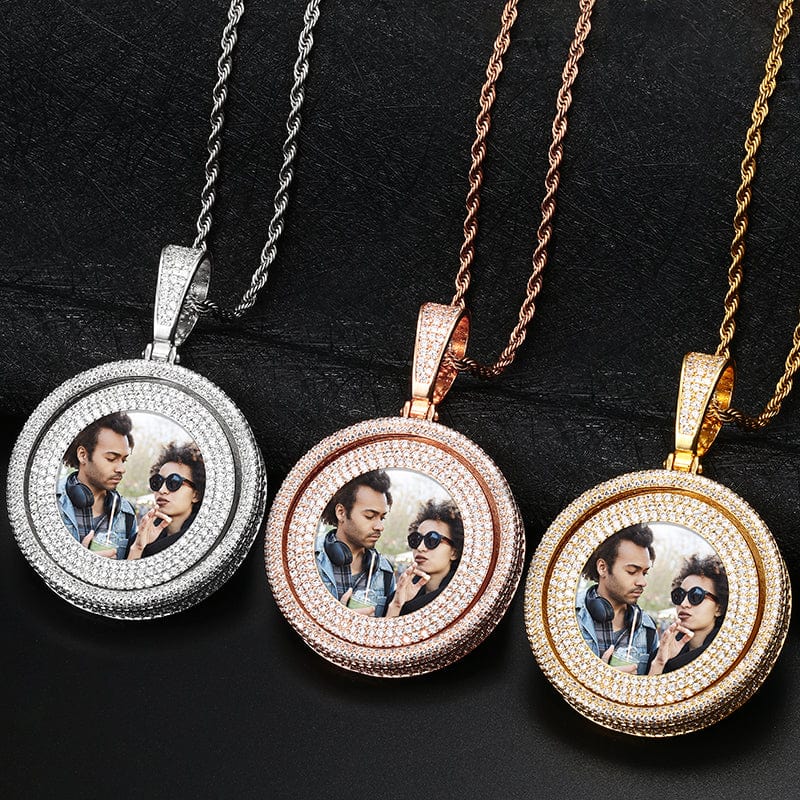 Micro Pave Zircon Rotatable Custom Photo Pendant Bling Gold Plated Sublimation Photo Pendants