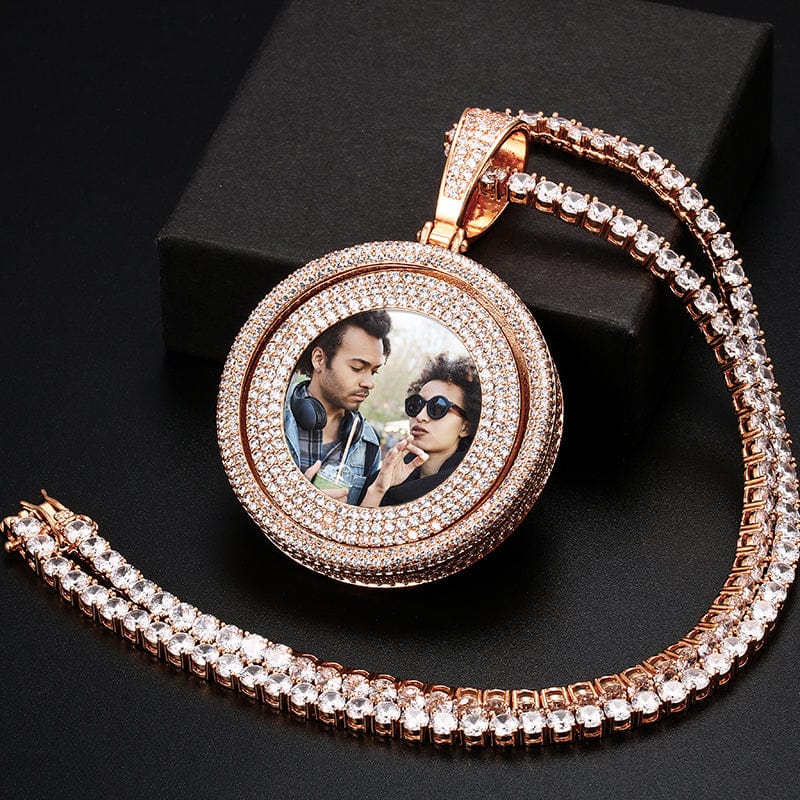 Micro Pave Zircon Rotatable Custom Photo Pendant Bling Gold Plated Sublimation Photo Pendants