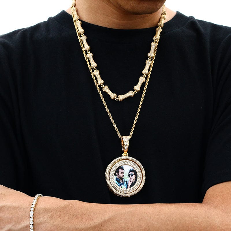 Micro Pave Zircon Rotatable Custom Photo Pendant Bling Gold Plated Sublimation Photo Pendants