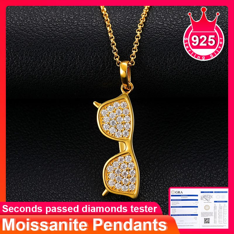Mini Glasses Gold Vermeil Sterling Silver 925 Moissanite Charm Necklace Pendant