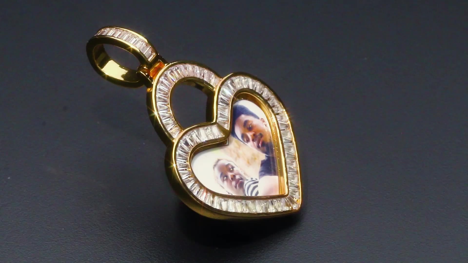 Minimalist Special Custom Gold Plated Heart Photo Pendant Setting Baguette Cubic Zirconia Charm Pendant
