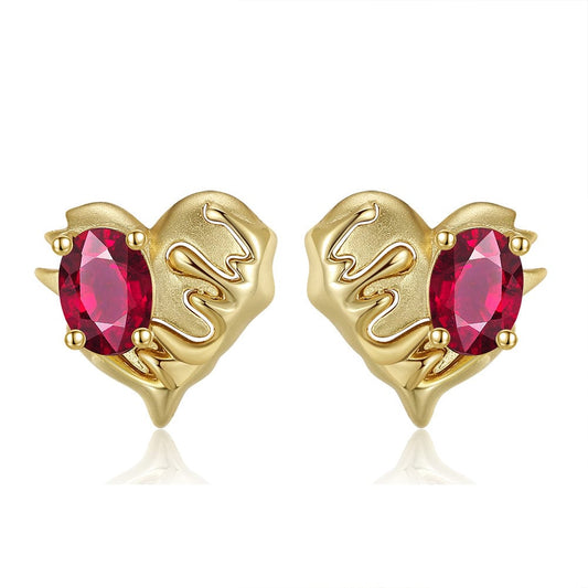 Natural Garnet love Stud - Solid Gold Heart Earring