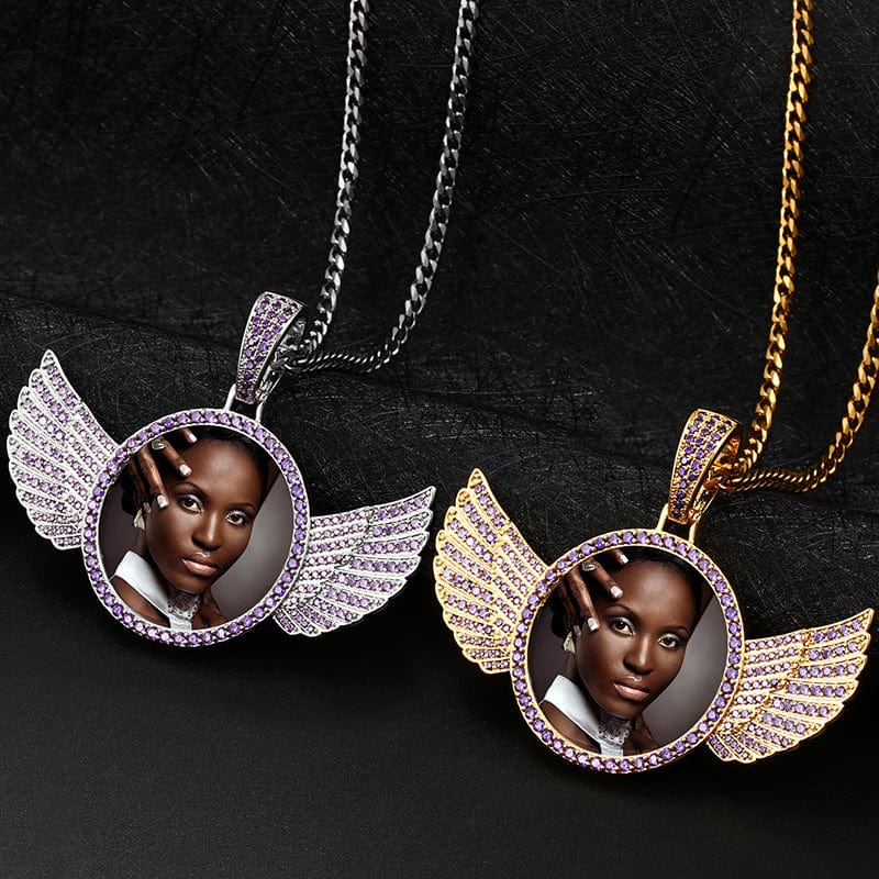 Photo Necklace Pendant Gold Plated Brass Colorful CZ Stone Iced Out Wing Custom Photo Pendant