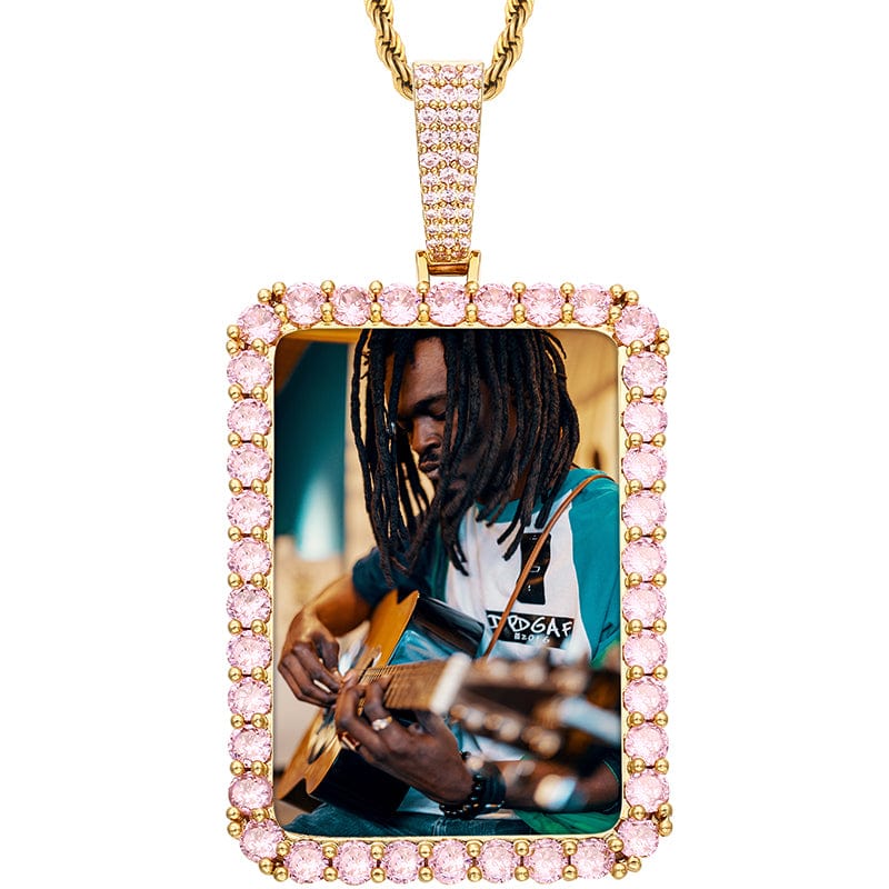 Pink-Gold 18K Gold Filled Brass Colorful Zircon Rectangle Sublimation Blanks Custom Photo Pendant