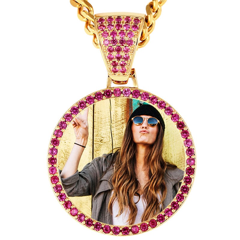 Pink-Gold Iced Out Gold Plated Colorful Zircon Sublimation Blanks Pendant Necklace Custom Memorial Photo Frame Pendant