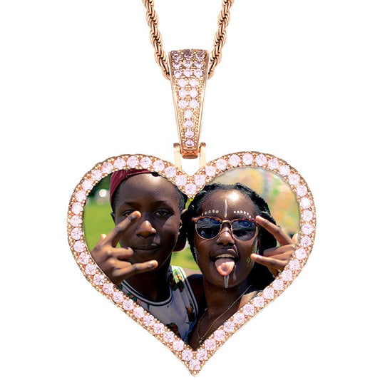 Pink Rose Gold Custom Heart Shape Iced Out Cuban Chain Photo Pendant Designer Charms For Jewelry Making
