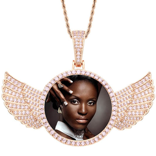 Pink Rose Gold Photo Necklace Pendant Gold Plated Brass Colorful CZ Stone Iced Out Wing Custom Photo Pendant
