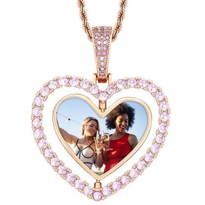 Pink Rose Gold Two Side Heart Spin Hip Hop Silver Jewelry Crystal Charms Photo Pendant Gold Plated Picture Pendant