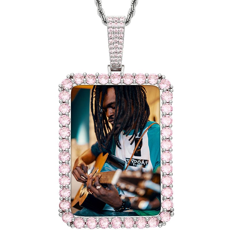 Pink-Silver 18K Gold Filled Brass Colorful Zircon Rectangle Sublimation Blanks Custom Photo Pendant