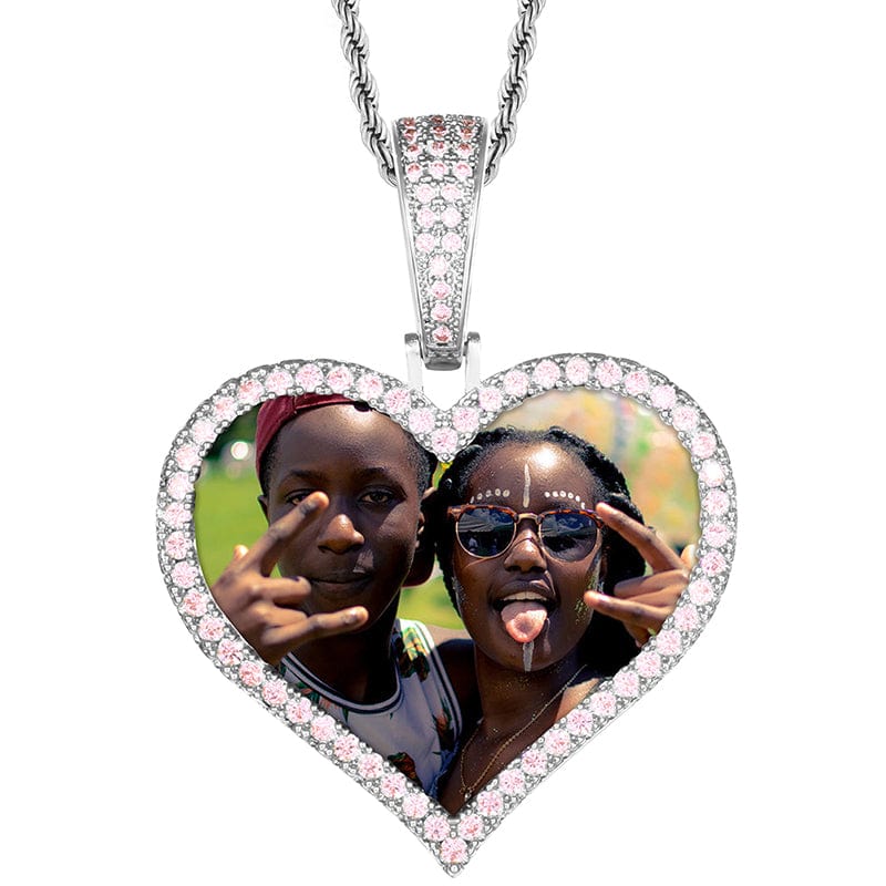 Pink Silver Custom Heart Shape Iced Out Cuban Chain Photo Pendant Designer Charms For Jewelry Making