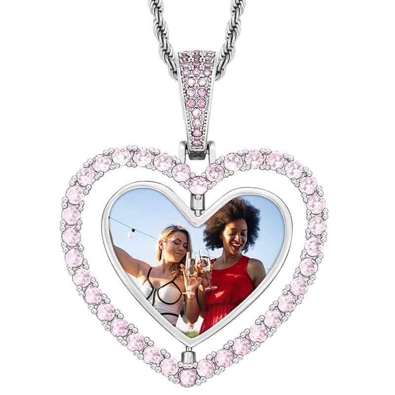 Pink Silver Two Side Heart Spin Hip Hop Silver Jewelry Crystal Charms Photo Pendant Gold Plated Picture Pendant