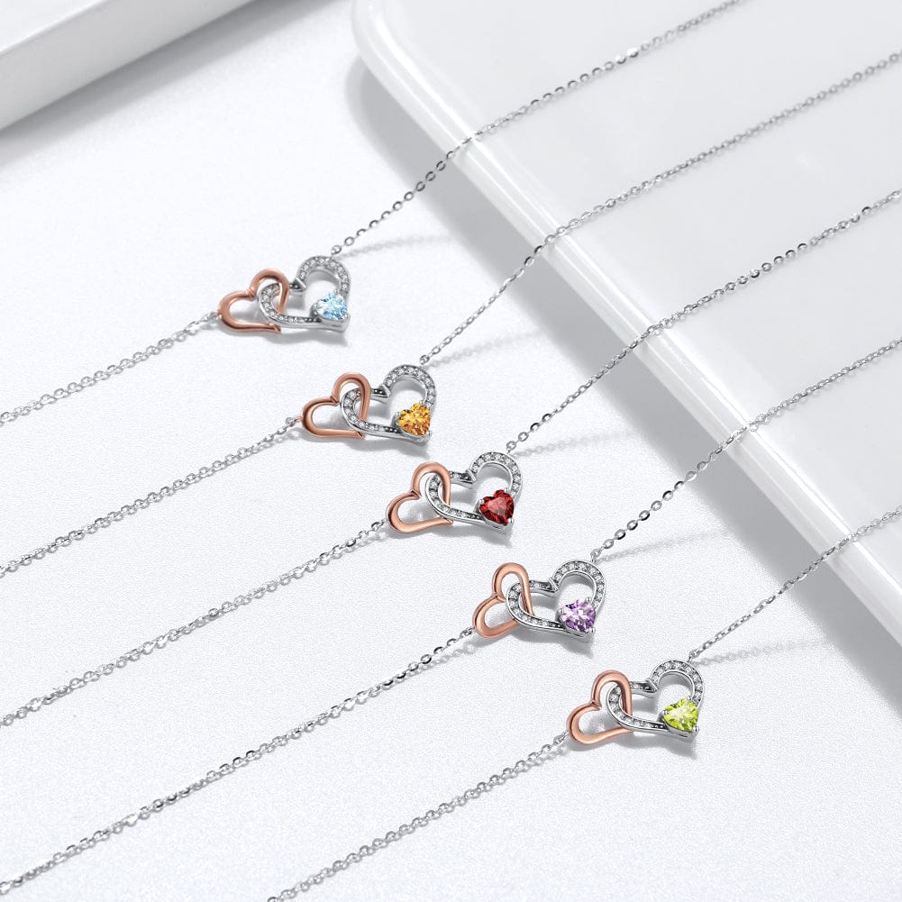 Pure Gold Natural Garnet  Necklace - Mossianite Diamonds Double Heart Pendant