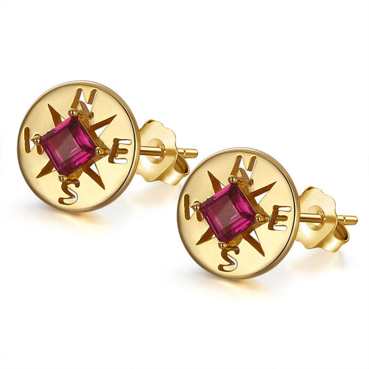 Real Gold -Genuine Natural Garnet Gemstone Earring - Stud Compass