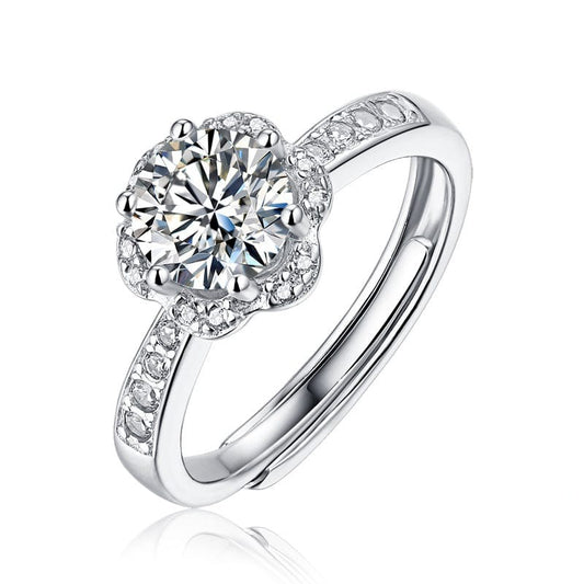Resizable / SMR08 925 Sterling Silver JFlower Design  - Moissanite Diamond Ring