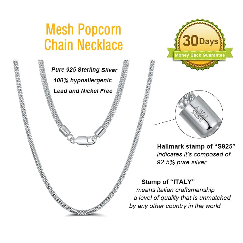 Rhodium  14K Rose Gold  -  Genuine 925 Sterling Silver Necklace - 3mm Mesh Popcorn Chain