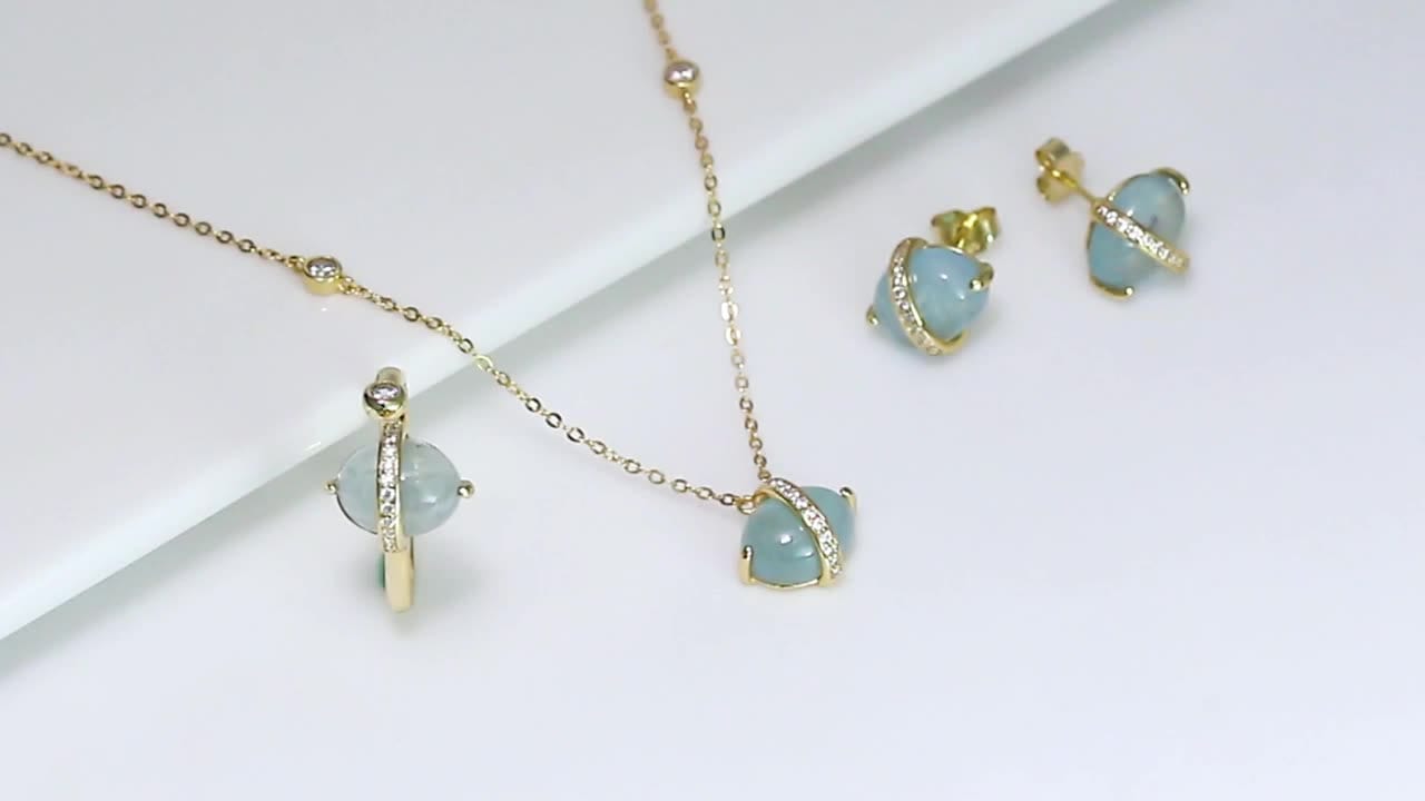 RINNTIN GM 100% Genuine Natural Aquamarine Set 925 Sterling Silver Necklace Gemstone Jewelry Set for Women Girls