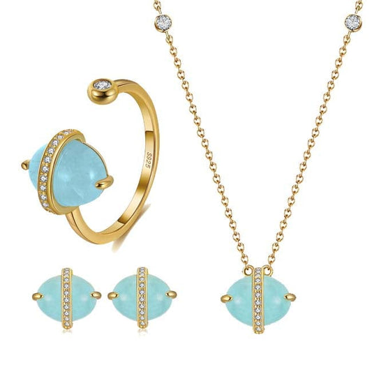 14 Karat Gold Plated - Genuine Natural Aquamarine Gemstone Necklace Set