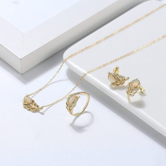 RINNTIN GM Genuine Natural Opal Feather Women Jewellery Real Soild 925 Sterling Silver Gemstone Earrings Necklace Set
