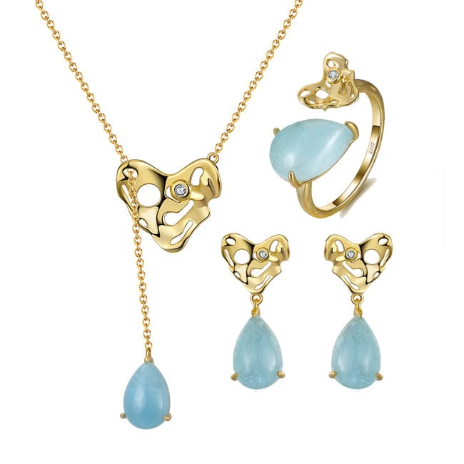 RINNTIN GM Hammered Sterling Silver Handmade Heart Jewelry Set 100% Genuine Natural Pear Shape Aquamarine Gemstone Necklace Set
