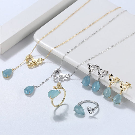 RINNTIN GM Hammered Sterling Silver Handmade Heart Jewelry Set 100% Genuine Natural Pear Shape Aquamarine Gemstone Necklace Set