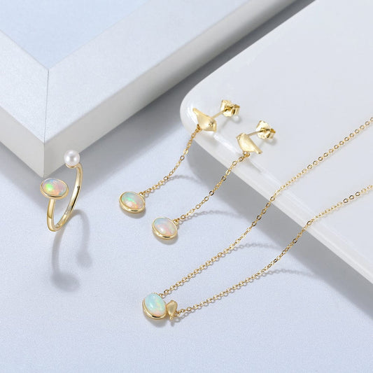 RINNTIN GM Handmade 925 Silver Fine Jewelry Little Birds Design with 100% Genuine Natural Opal Gemstone necklace Jewelry Set