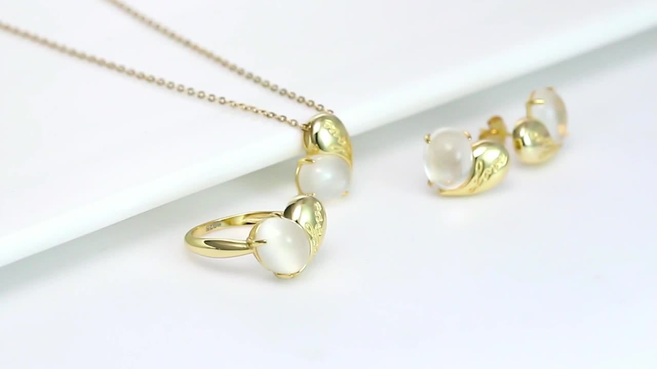 RINNTIN GMN08 Fine jewelry Sterling Silver 925 Genuine Natural Moonstone Gemstone Pendant Heart Necklace Set for Women Girls