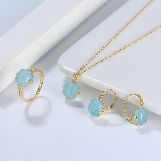 RINNTIN GMN09 Sterling Silver Minimalist Gemstone Brides Jewelry Set Natural Aquamarine Pendant Necklace Earrings Set for Women