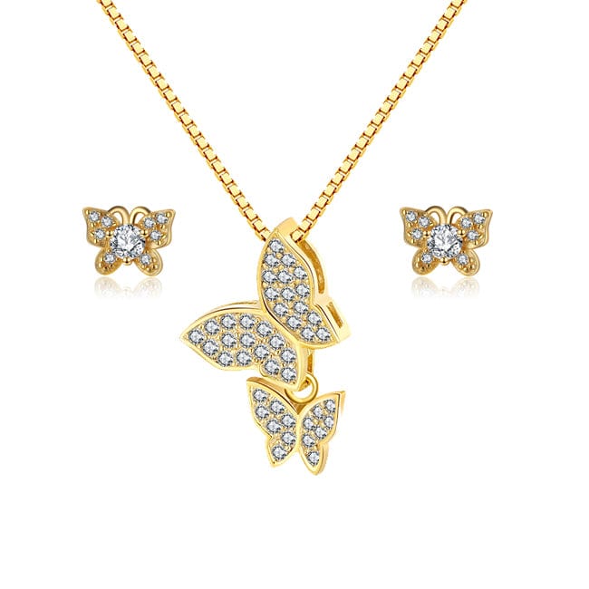 RINNTIN High Quality 14k Gold Plated 925 Sterling Silver Butterfly Necklace Earrings Jewelry Set for Women